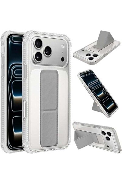 Generic Back Protection Cover with Finger Holder Compatible with iPhone 17 Pro, Transparent/Gray