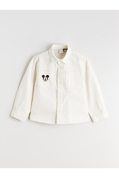 LC Waikiki Bej Mickey Mouse Nakışlı Erkek Çocuk Gömlek