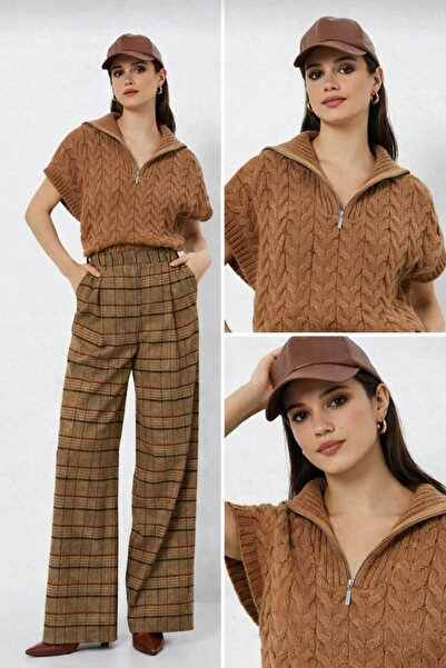 swc knitwear Oversize Sweater Knitted Half Zipper Wide Collar Braided Pattern