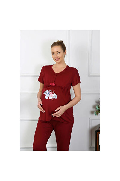 Narnuga Mi̇ray- Women's Short Sleeve Maternity Pajama Set Burgundy