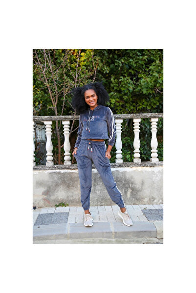 Narnuga Mi̇ray- Women's Velvet Hooded Tracksuit Set Gray
