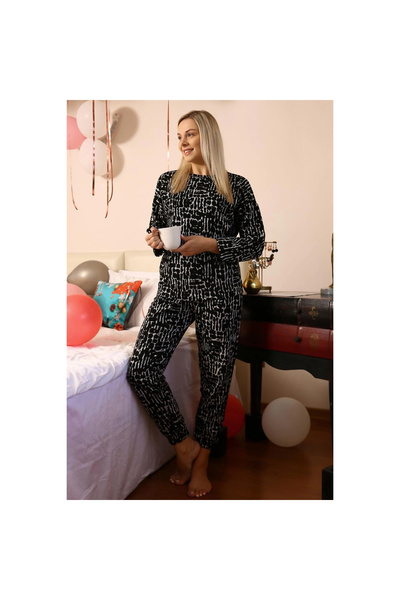 Narnuga Mi̇ray- Women's Long Sleeve 3 Thread Combed Cotton Pajama Set Black