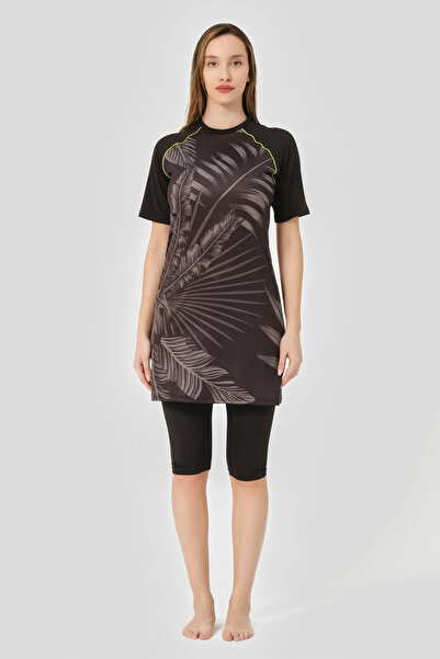 ALFASA Quick Dry Patterned Raglan Half Sleeve Semi Covered Hijab Swimsuit 24708-25 Black