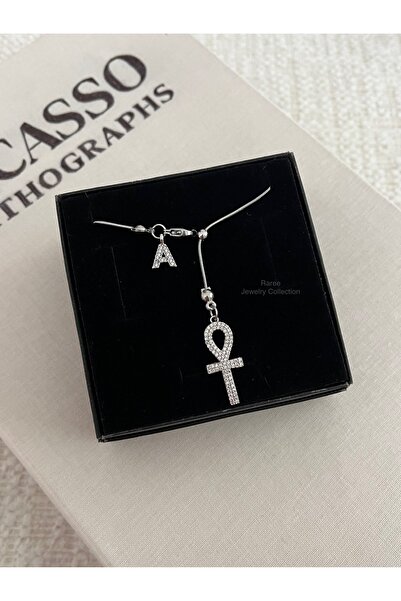 RAREE Zirkon taşlı ankh ve zirkon harfli çelik asansörlü y kolye hediyelik