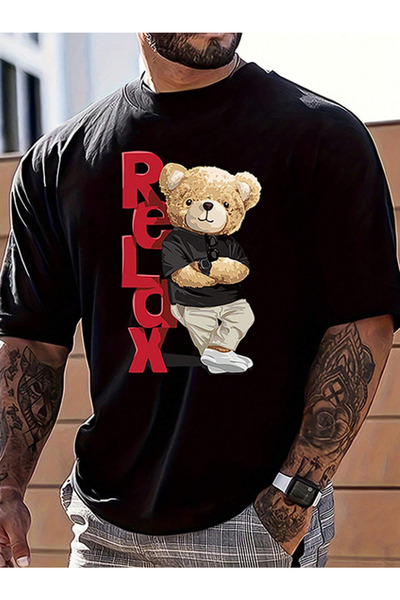 Teddy Bear Ayı Baskılı Relax Yazılı Pamuklu Bisiklet Yaka Kısa Kollu T-shirt