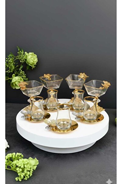 ÇNR Home Collection 18 PARÇA GOLD KELEBEK FİGÜRLÜ ÇAY SETİ & SUNUMLUK