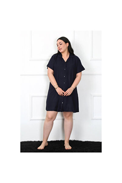 Narnuga MİRAY- ثوب نوم طويل منسوج بأزرار باللون الأزرق الداكن مقاس كبير