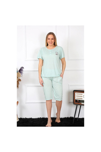 Narnuga Mi̇ray- Women's Plus Size Viscon Water Green Capri Pajama Set