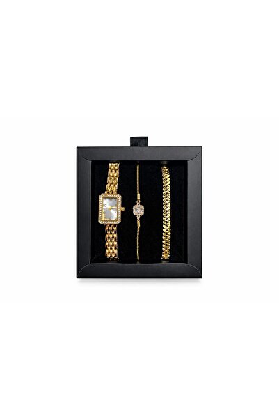 SEES AKSESUAR Gold Kadın Metal Kol Saati - Gold Kaplama Bileklik Kombin Set