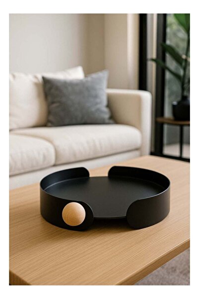 b11 صينية تقديم دائرية عصرية باللون الأسود بمقابض خشبية