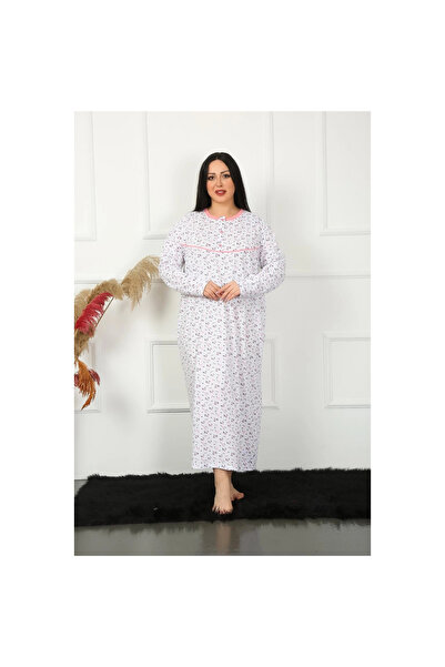 Narnuga Mi̇ray- Plus Size Long Sleeve White Mother's Nightgown