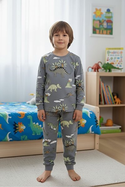 bunny hopp Erkek Çocuk Dinozor Pijama Takımı %100 Pamuk Süprem Penye Uzun Kollu