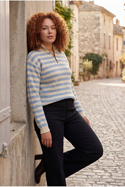 caddekombin Striped Dikyaka Half-Zip Blue Ecru Sweatshirt