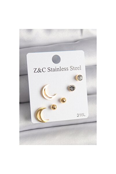 Clariss طقم أقراط نسائية من الفولاذ باللون الذهبي 316L بحجر الزركون على شكل هلال
