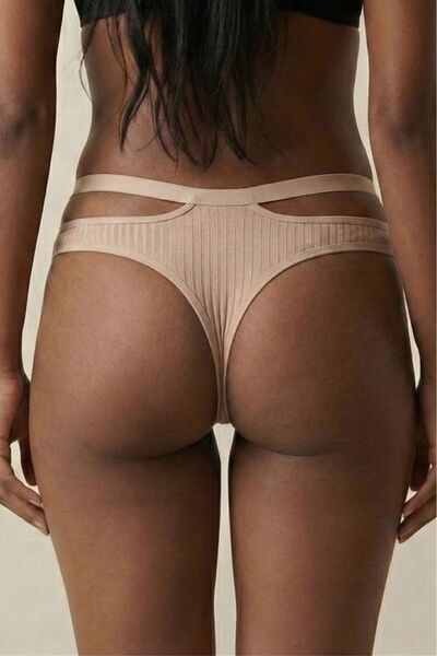 Vanilya Secret Stone Color Luxury Ribbed Fabric Waistband Elastic Detail Women's Thong - Window Detail Stylish and Comfortable Underwear