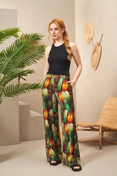 PJS 25194 Women's Strappy Patterned Wide Leg Trousers Set
