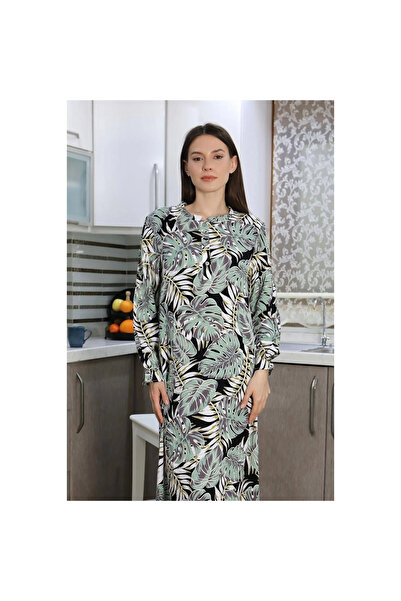 Narnuga Mi̇ray- Women's Long Sleeve Combed Cotton Nightgown Home Dress Water Green