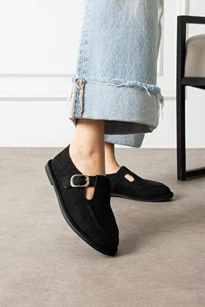 Zintra حذاء نسائي من جلد الغزال بإبزيم باللون الأسود مغلق من الأمام حذاء كاجو...