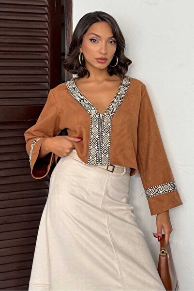 Caddebostan Moda Taba Striped Detail Scuba Suede Jacket Modern Premium Luxury Trend Design Jacket