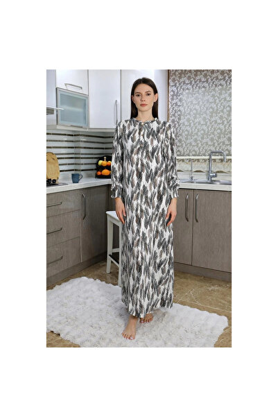 Narnuga Mi̇ray- Women's Long Sleeve Combed Cotton Nightgown Home Dress Ecru