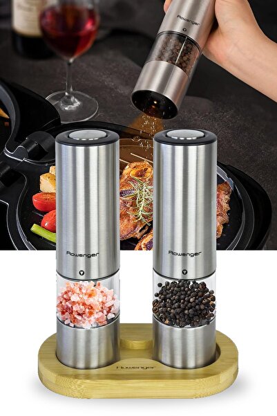 Rowenger 2'li Bambu Standlı Pilli Işıklı Tuz Karabiber Değirmeni Otomatik Bah...