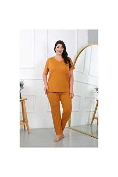 Narnuga Mi̇ray- Women's Plus Size Short Sleeve Combed Cotton Pajama Set Mustard