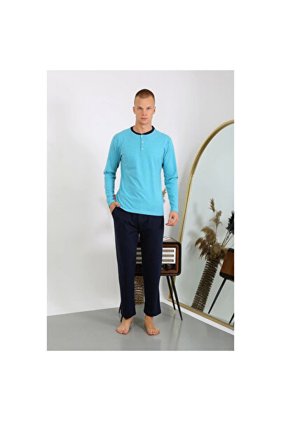 Narnuga Mi̇ray- Men's Combed Cotton Long Sleeve Pajama Set Turquoise