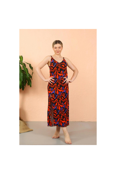 Narnuga MİRAY- قميص نوم نسائي بحزام من الخيوط موديل شق zun باللون الأسود