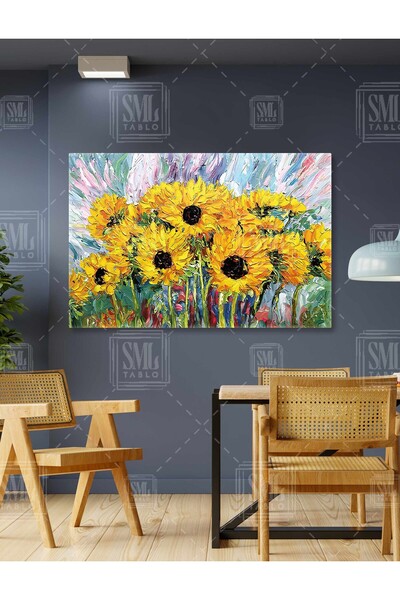 SML TABLO Ayçiçeği Tarlası Sarı Çiçekler Gündöndü Günebakan Çiçeği Yatay Kanv...