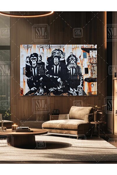 SML TABLO Üç 3 Maymun Görmedim Duymadım Bilmiyorum Banksy Grafitti Yatay Kanv...