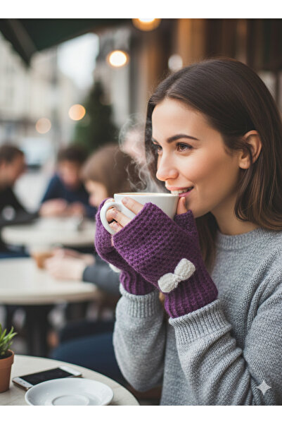 Didora El Örgüsü Fiyonklu Mor Parmaksız Eldiven - Kışlık Tasarım
