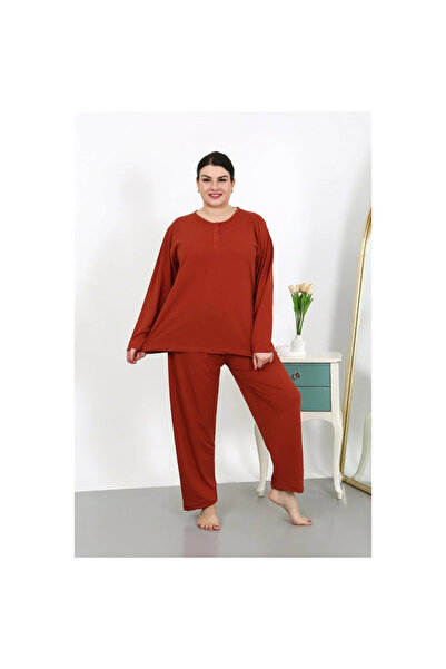 Narnuga Mi̇ray- Women's Plus Size Long Sleeve Combed Cotton Pajama Set Tile