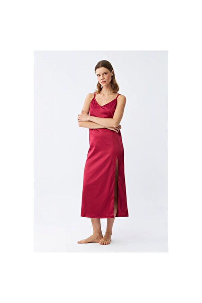 Narnuga MİRAY- Y شق ثوب نوم طويل من الساتان باللون العنابي