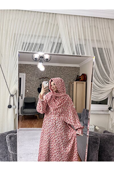 SUESO STORE Çiçekli %100 Pamuk Namaz Hac Umre Elbisesi + Şal Takım