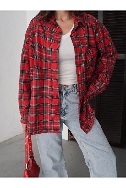 freya style Kadın Oversize Geniş Kalıp Oduncu Ekose Gömlek