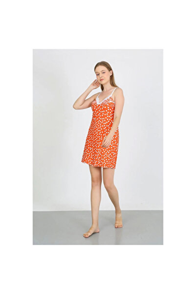 Narnuga Mi̇ray- Women's Combed Cotton Strap White Polka Dot Nightgown Orange