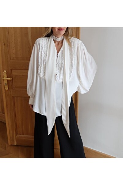 Lavanta Tekstil Shoulder Pad Piece Tunic Shirt with Ruffle Detail and Tie at the Neck