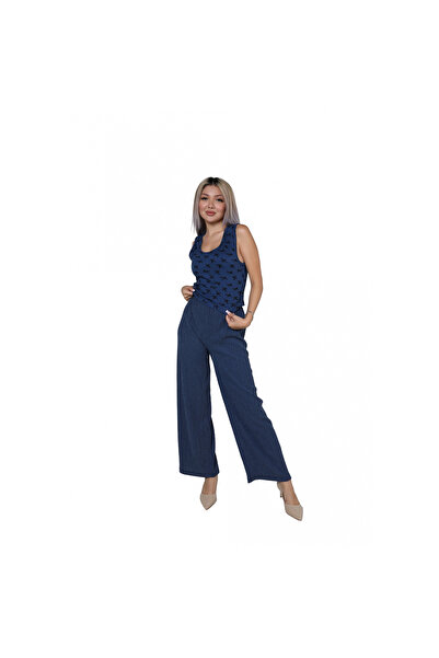 Narnuga Mi̇ray- Women's Thick Strap Bodysuit Wide Leg Pants 2-Piece Set Navy Blue