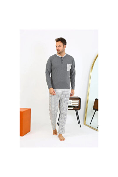 Narnuga Mi̇ray- Men's Long Sleeve Combed Cotton Anthracite Pajama Set