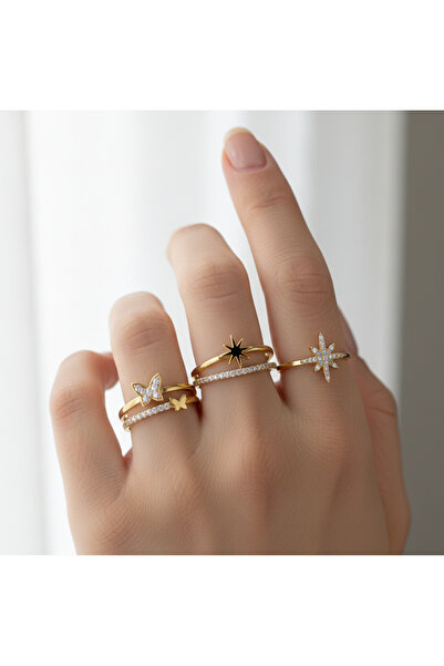 Ervalina 3'lü Zirkon Taşlı Kelebek ve Kutup Figür Yüzük Seti (Ayarlanabilir)