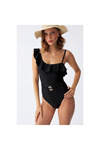 Narnuga Mi̇ray- Women's One Shoulder Ruffled Swimsuit Black