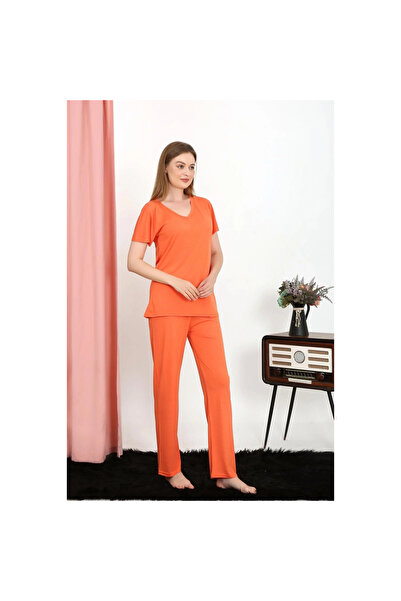 Narnuga Mi̇ray- Women's Short Sleeve Cotton Combed Pajama Set Orange