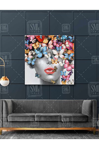 SML TABLO Butterfly Headed Kaın Red Lip Colored Butterflies Square Canvas Painting