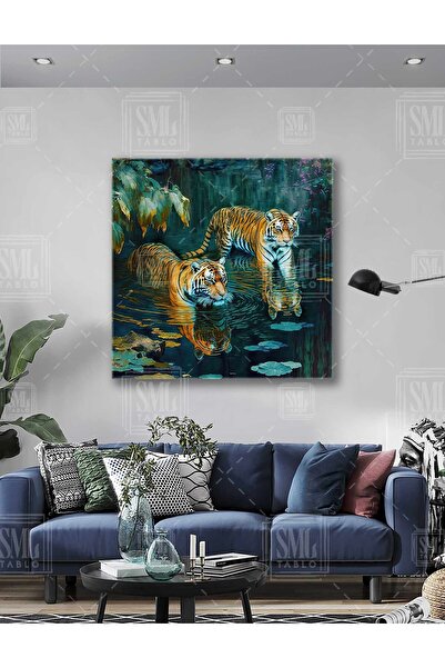 SML TABLO Tigers Walking in Water Lake Nature Tiger Square Canvas Painting