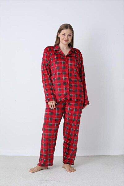 Estiva Battal Checkered Buttoned Front Velvet Pajama Set