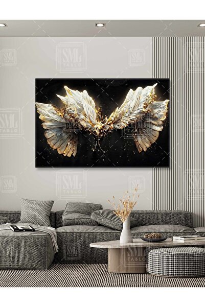 SML TABLO Sürrealist Tasarım Altın Kanatlar Gold Melek Kanadı Açılmış Beyaz K...
