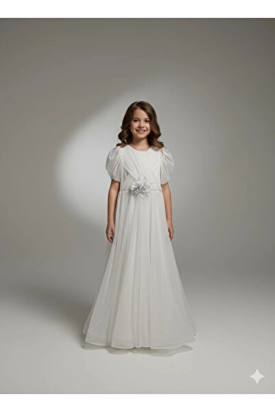 Yonca Çocuk Onbuco Kids 1582 Girls' Long Evening Dress with Rose Sleeves on t...