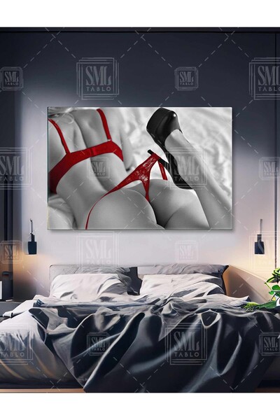 SML TABLO Nü Kadın Çıplak Kız Kırmızı Çamaşır ve Kırmızı Topuklu Ayakkabı Sek...