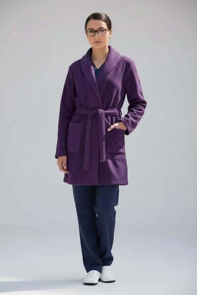 Moodamedikal Short medical fleece robe, unisex, with pockets and drawstring at the waist, purple