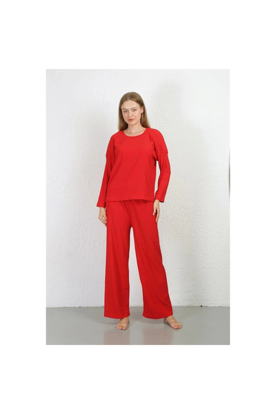 Narnuga Mi̇ray- Women's Wrinkled Fabric Pajama Set Red
